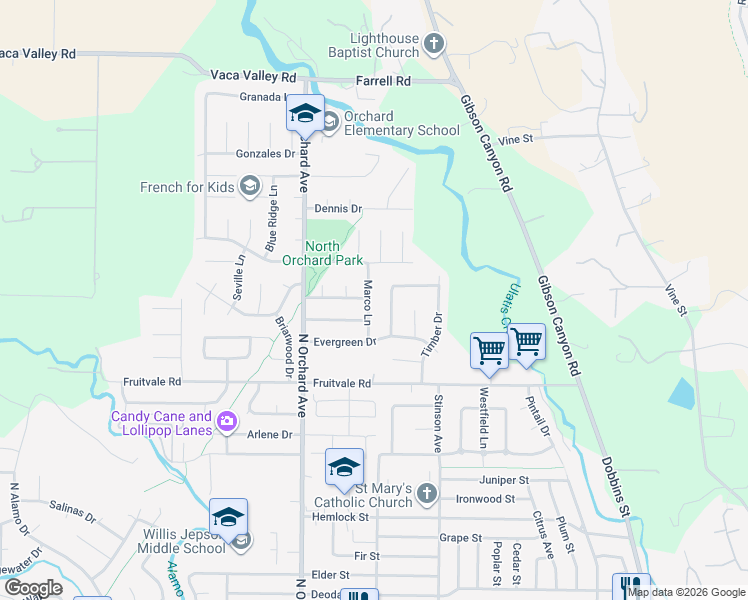 map of restaurants, bars, coffee shops, grocery stores, and more near 136 Marco Lane in Vacaville