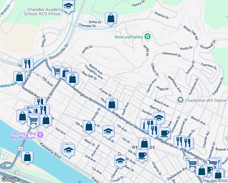 map of restaurants, bars, coffee shops, grocery stores, and more near 1213 Red Oak Street in Charleston
