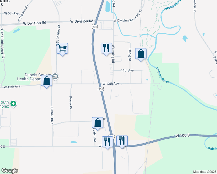 map of restaurants, bars, coffee shops, grocery stores, and more near 1217 Wernsing Road in Jasper