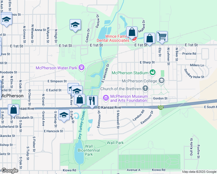 map of restaurants, bars, coffee shops, grocery stores, and more near 1010-1130 East Euclid Street in McPherson