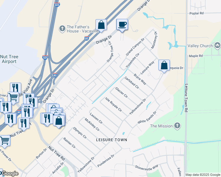 map of restaurants, bars, coffee shops, grocery stores, and more near 146 Glacier Circle in Vacaville