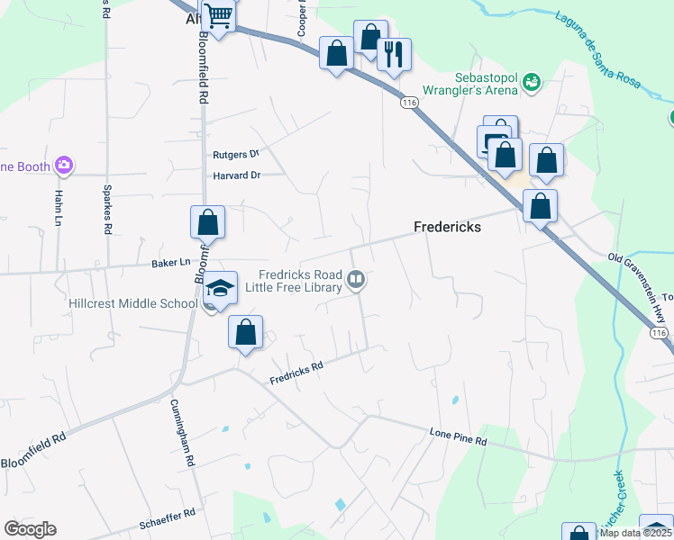 map of restaurants, bars, coffee shops, grocery stores, and more near 6034 Fredricks Road in Sebastopol