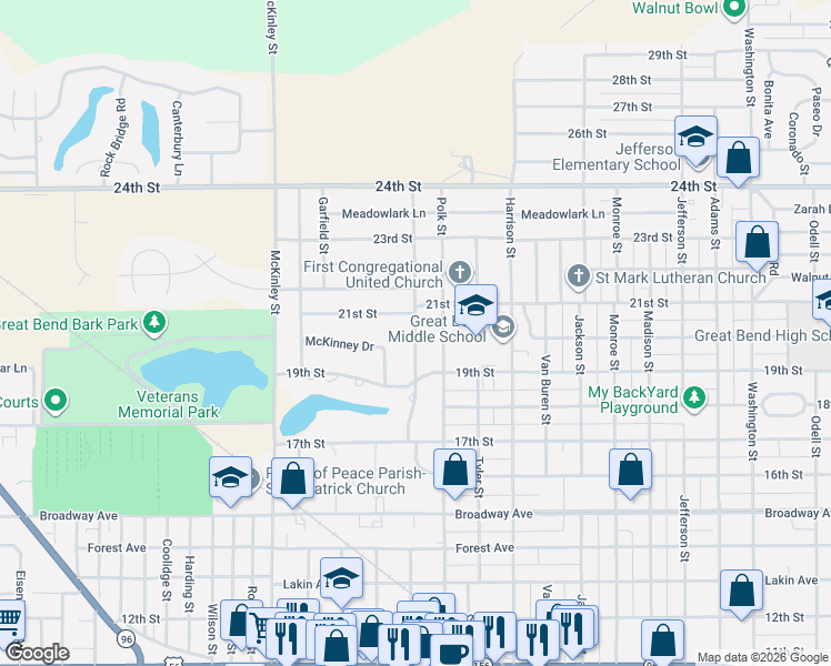 map of restaurants, bars, coffee shops, grocery stores, and more near 2002 Lincoln Street in Great Bend