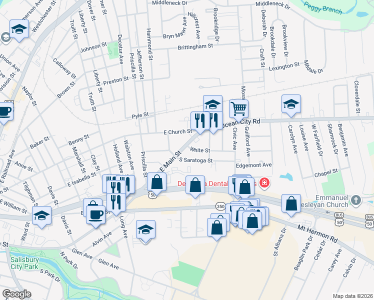 map of restaurants, bars, coffee shops, grocery stores, and more near 1106 East Main Street in Salisbury