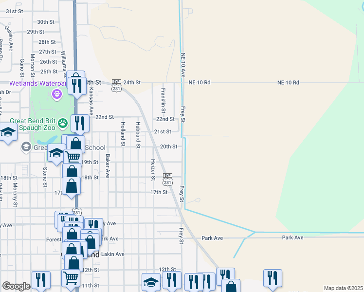 map of restaurants, bars, coffee shops, grocery stores, and more near 1106 20th Street in Great Bend