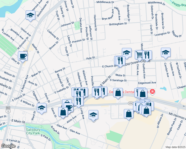 map of restaurants, bars, coffee shops, grocery stores, and more near 201 Priscilla Street in Salisbury