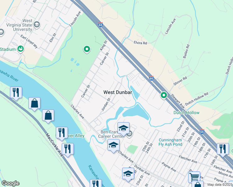 map of restaurants, bars, coffee shops, grocery stores, and more near 541 Capehart Ln in Dunbar