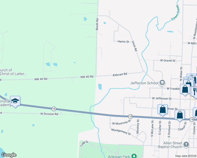 map of restaurants, bars, coffee shops, grocery stores, and more near 40 Northwest 40 Road in Clinton