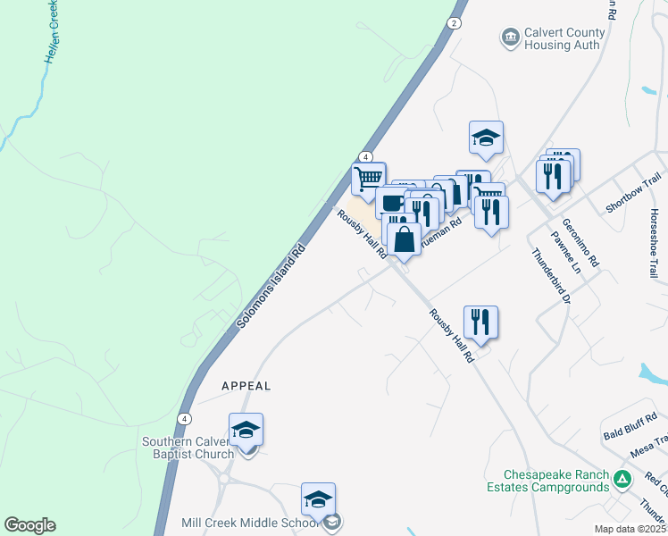 map of restaurants, bars, coffee shops, grocery stores, and more near 11861 H G Trueman Road in Lusby