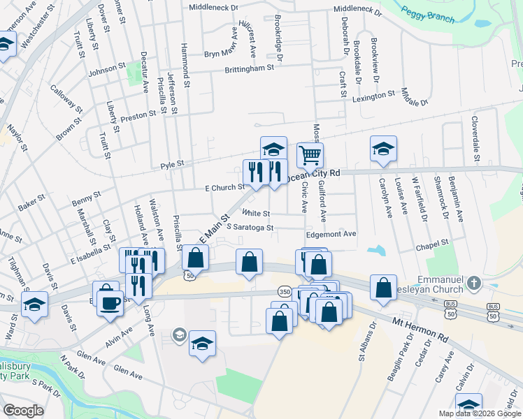 map of restaurants, bars, coffee shops, grocery stores, and more near 116 Centenary Drive in Salisbury