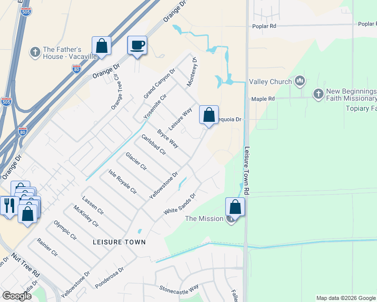 map of restaurants, bars, coffee shops, grocery stores, and more near 192 Carlsbad Circle in Vacaville