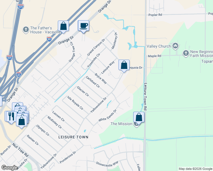 map of restaurants, bars, coffee shops, grocery stores, and more near 192 Carlsbad Circle in Vacaville