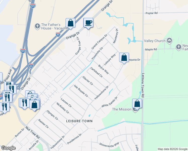 map of restaurants, bars, coffee shops, grocery stores, and more near 122 Carlsbad Circle in Vacaville
