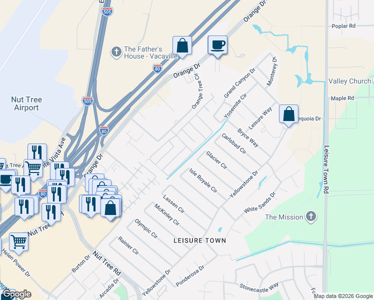 map of restaurants, bars, coffee shops, grocery stores, and more near 140 Glacier Circle in Vacaville