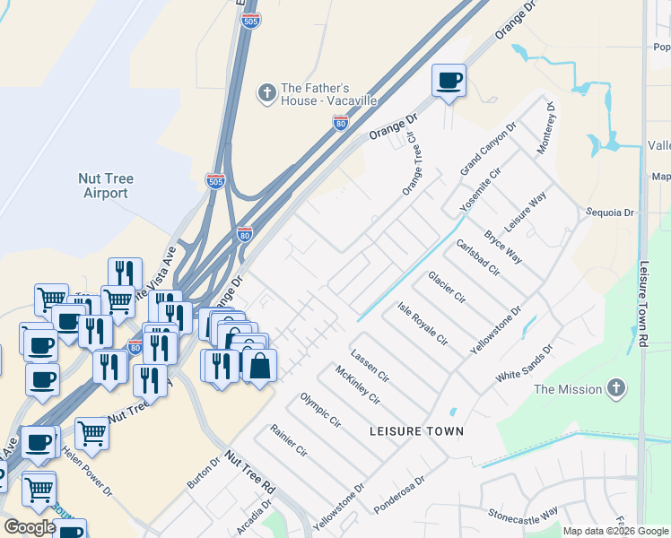 map of restaurants, bars, coffee shops, grocery stores, and more near 172 Bounty Lane in Vacaville