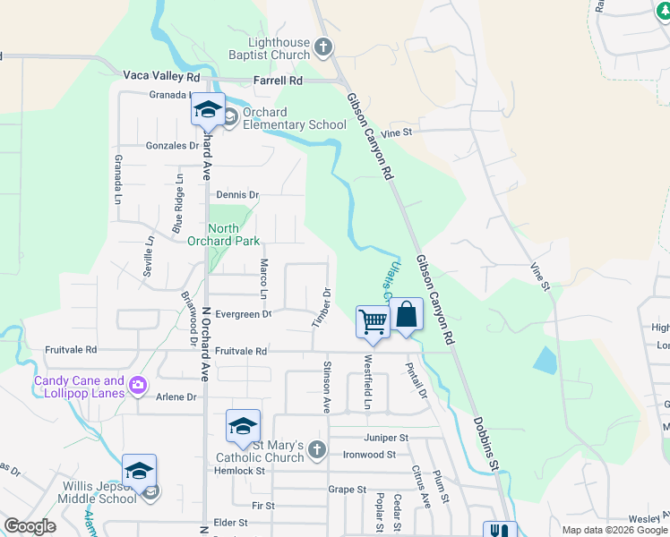 map of restaurants, bars, coffee shops, grocery stores, and more near 361 Timber Drive in Vacaville