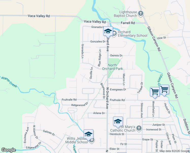 map of restaurants, bars, coffee shops, grocery stores, and more near 401 Alicante Court in Vacaville