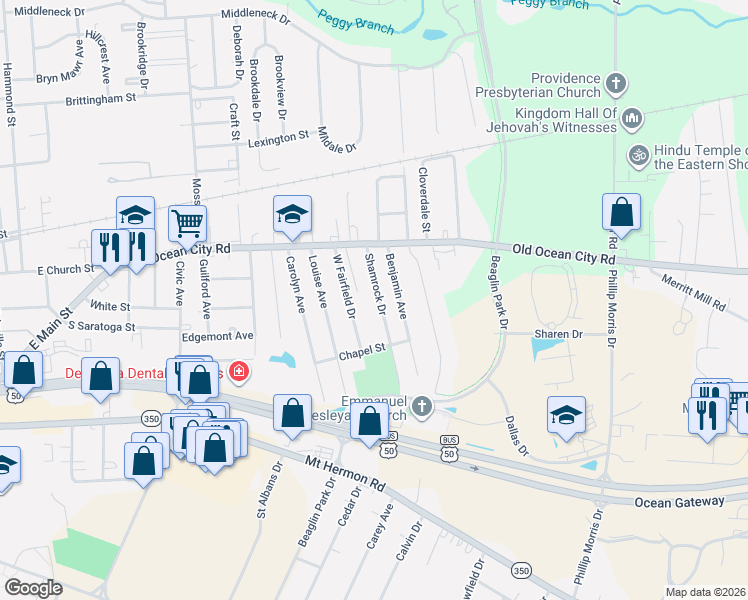 map of restaurants, bars, coffee shops, grocery stores, and more near 118 West Fairfield Drive in Salisbury