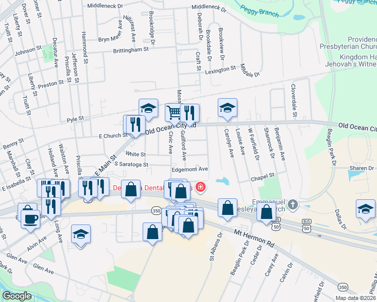 map of restaurants, bars, coffee shops, grocery stores, and more near 1301 Sylvia Street in Salisbury