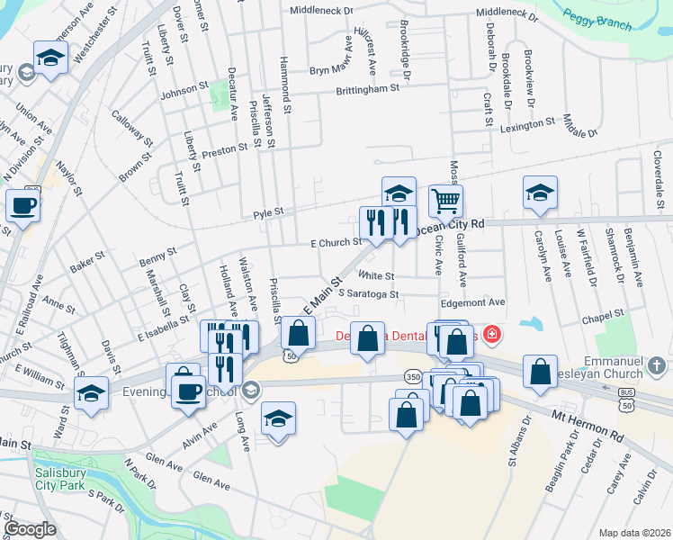 map of restaurants, bars, coffee shops, grocery stores, and more near 1106 East Main Street in Salisbury
