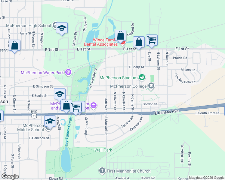 map of restaurants, bars, coffee shops, grocery stores, and more near 1300 East Euclid Street in McPherson