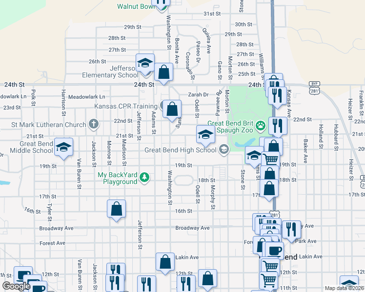 map of restaurants, bars, coffee shops, grocery stores, and more near 2547 20th Street in Great Bend