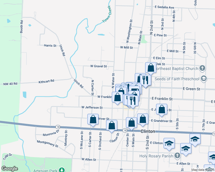 map of restaurants, bars, coffee shops, grocery stores, and more near 314 West Green Street in Clinton