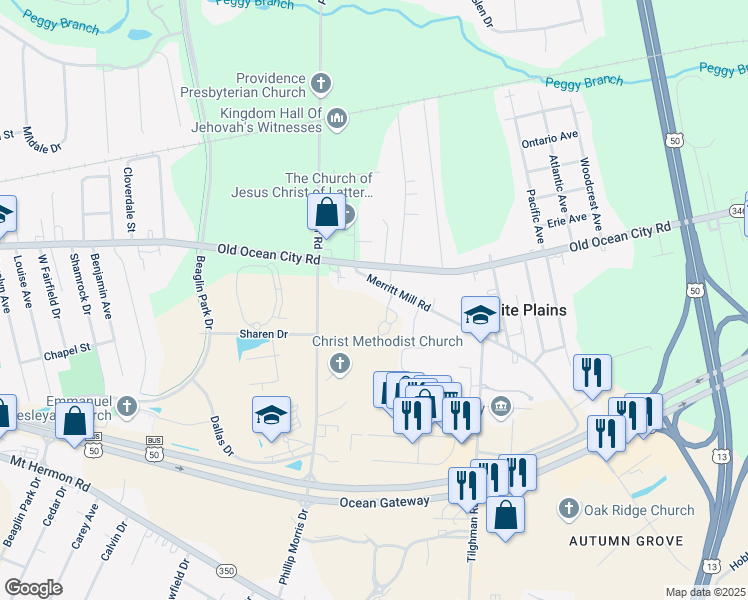 map of restaurants, bars, coffee shops, grocery stores, and more near 2712 Merritt Mill Road in Salisbury