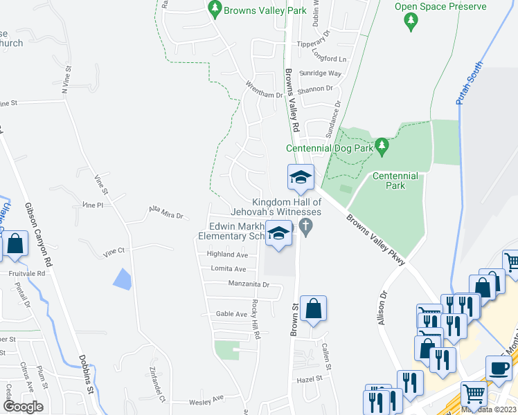map of restaurants, bars, coffee shops, grocery stores, and more near 508 Woodcrest Drive in Vacaville