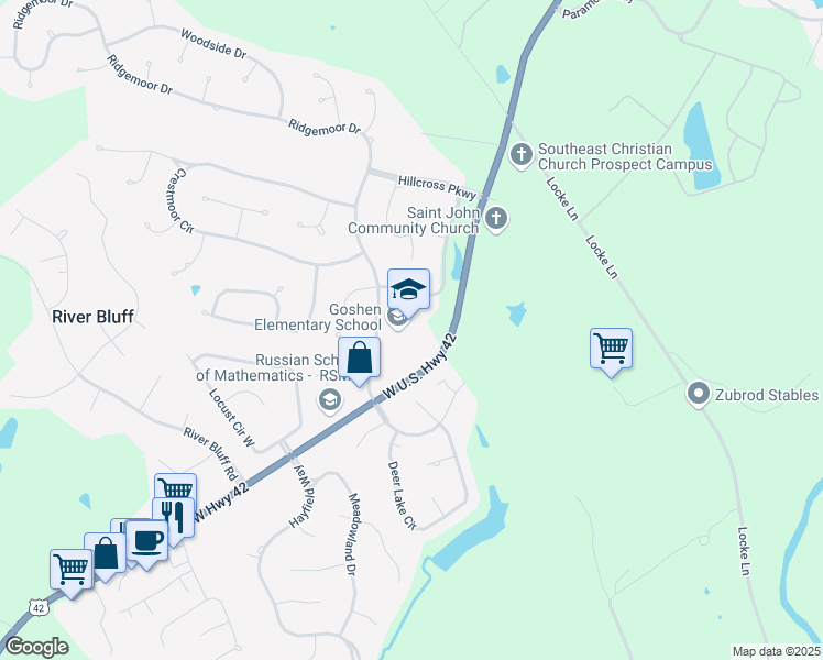 map of restaurants, bars, coffee shops, grocery stores, and more near 12518 Ridgemoor Drive in Prospect