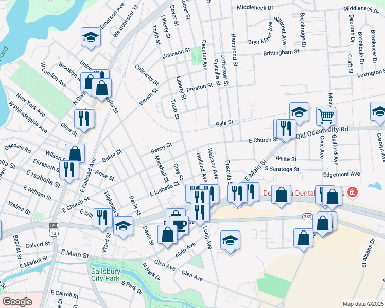 map of restaurants, bars, coffee shops, grocery stores, and more near 208 Holland Avenue in Salisbury