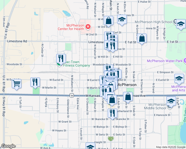 map of restaurants, bars, coffee shops, grocery stores, and more near 222 W Euclid St in McPherson