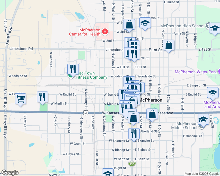 map of restaurants, bars, coffee shops, grocery stores, and more near 222 W Euclid St in McPherson