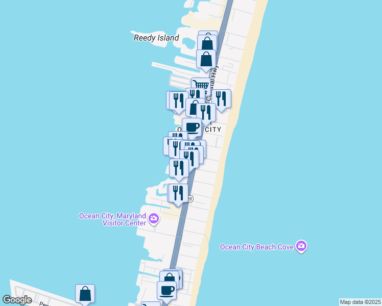 map of restaurants, bars, coffee shops, grocery stores, and more near in Ocean City