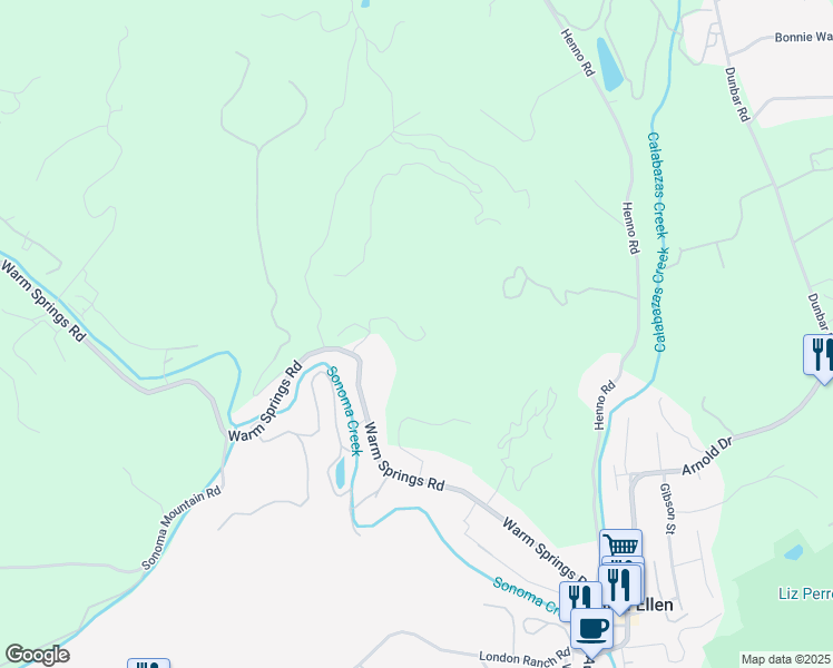 map of restaurants, bars, coffee shops, grocery stores, and more near 4597 Warm Springs Road in Glen Ellen