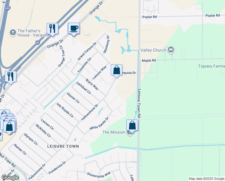 map of restaurants, bars, coffee shops, grocery stores, and more near 684 Yellowstone Drive in Vacaville