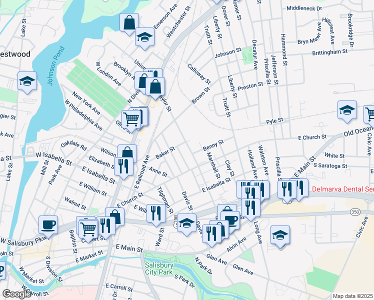 map of restaurants, bars, coffee shops, grocery stores, and more near 400 Naylor Street in Salisbury