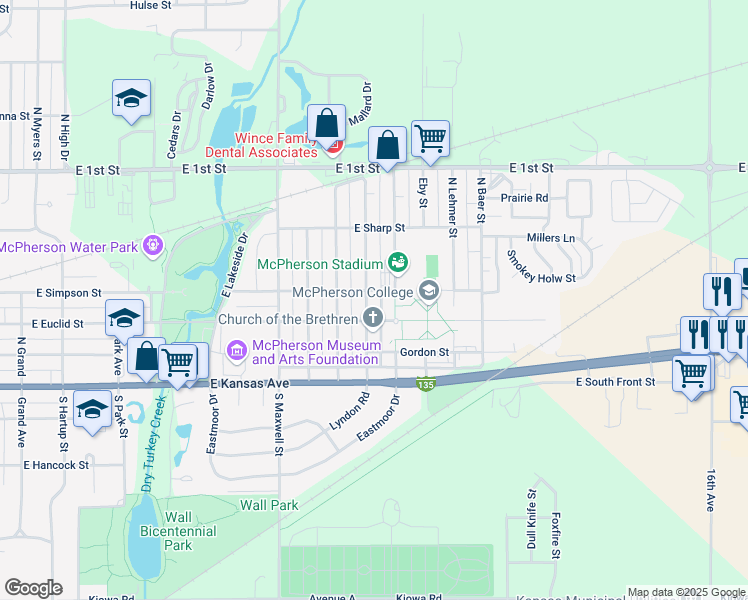 map of restaurants, bars, coffee shops, grocery stores, and more near Simpson Street in McPherson