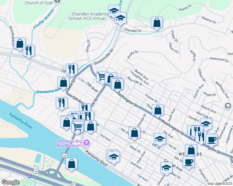map of restaurants, bars, coffee shops, grocery stores, and more near 1640 Oakland Walk in Charleston