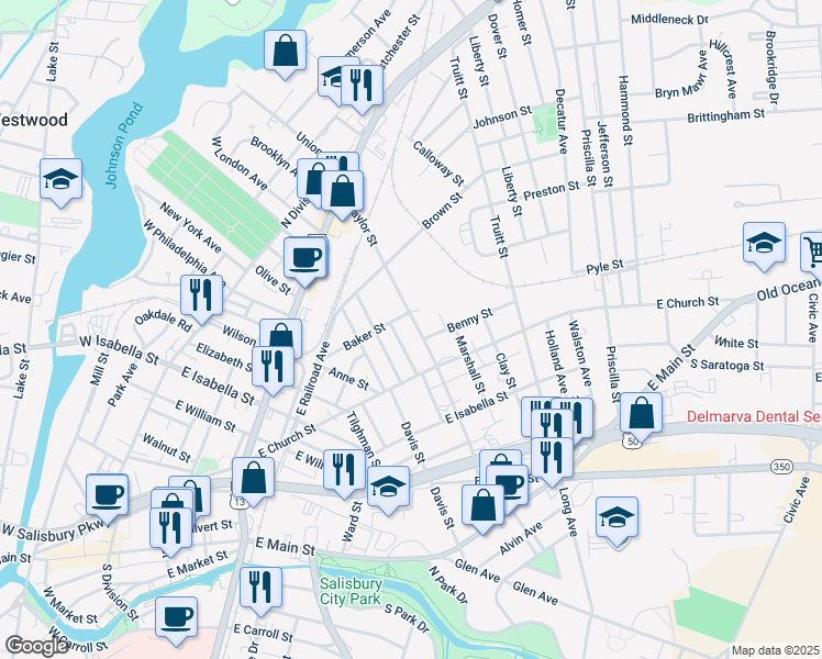 map of restaurants, bars, coffee shops, grocery stores, and more near 400 Naylor Street in Salisbury