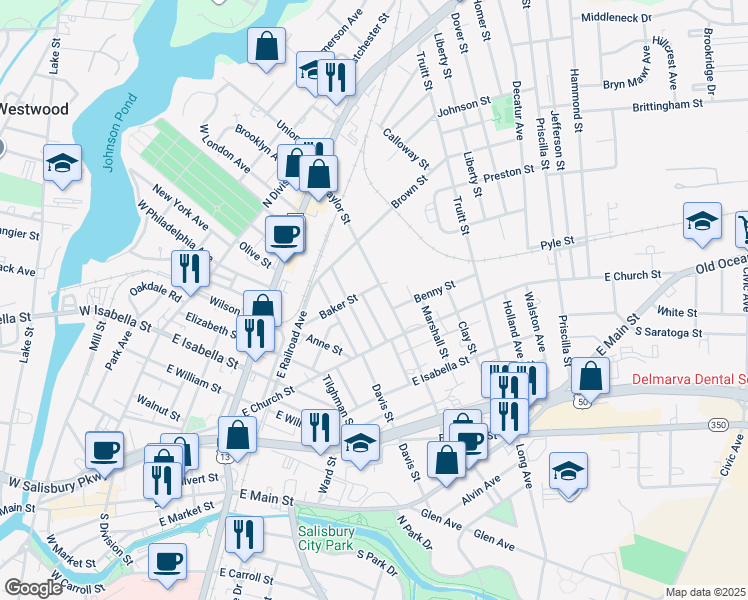 map of restaurants, bars, coffee shops, grocery stores, and more near 322 Naylor Street in Salisbury