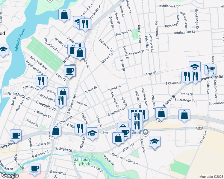 map of restaurants, bars, coffee shops, grocery stores, and more near 823 Benny Street in Salisbury