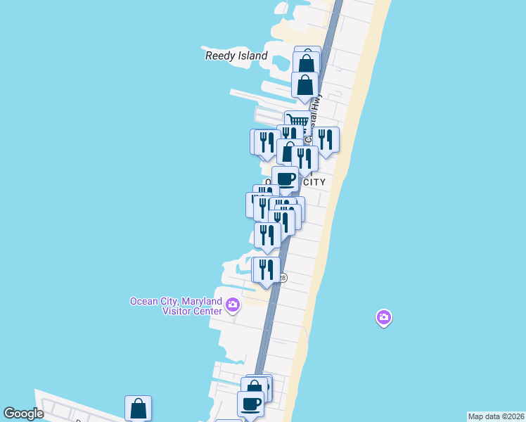 map of restaurants, bars, coffee shops, grocery stores, and more near 4603 Coastal Highway in Ocean City
