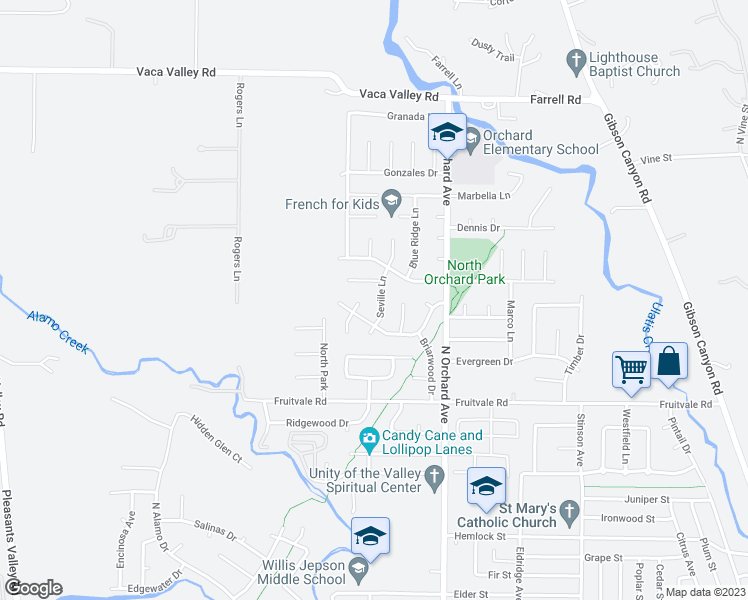 map of restaurants, bars, coffee shops, grocery stores, and more near 674 Seville Lane in Vacaville