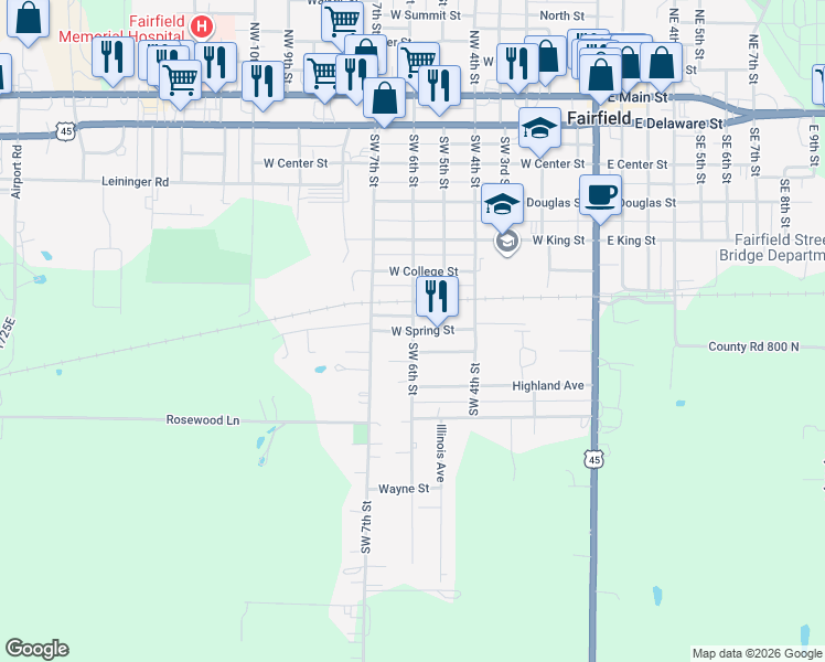 map of restaurants, bars, coffee shops, grocery stores, and more near Southwest 6th Street in Fairfield