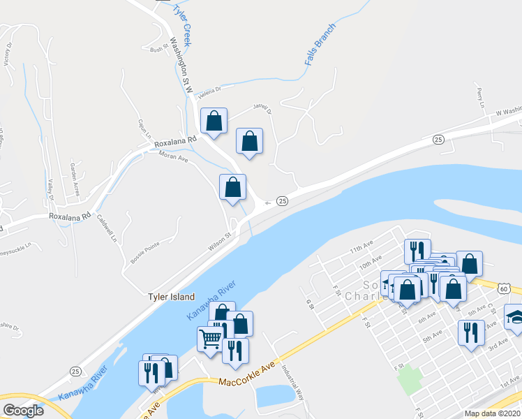 map of restaurants, bars, coffee shops, grocery stores, and more near 0 Highway 25 in Charleston