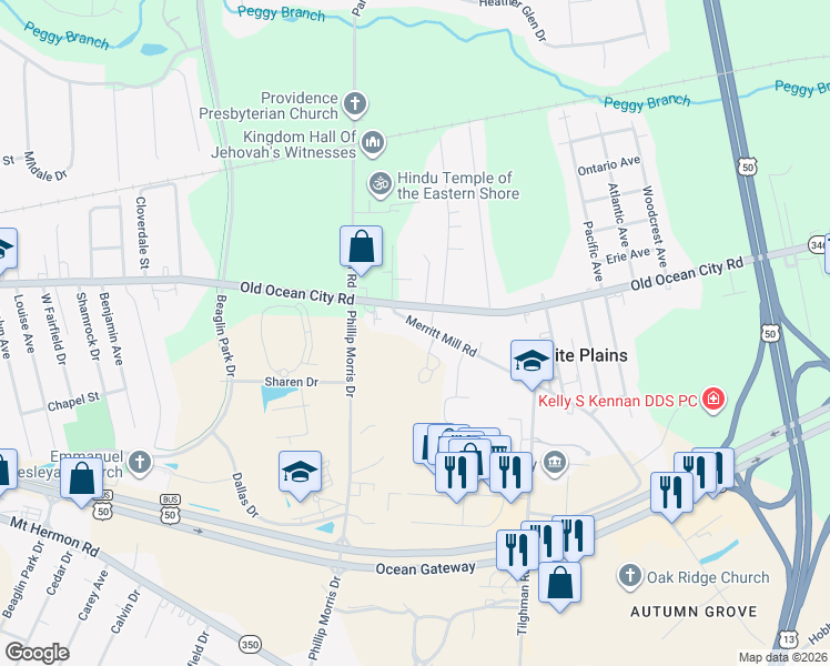 map of restaurants, bars, coffee shops, grocery stores, and more near 2706 Old Ocean City Road in Salisbury