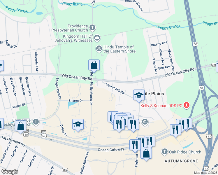 map of restaurants, bars, coffee shops, grocery stores, and more near 2712 Merritt Mill Road in Salisbury