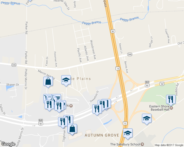 map of restaurants, bars, coffee shops, grocery stores, and more near 3202 Old Ocean City Road in Salisbury
