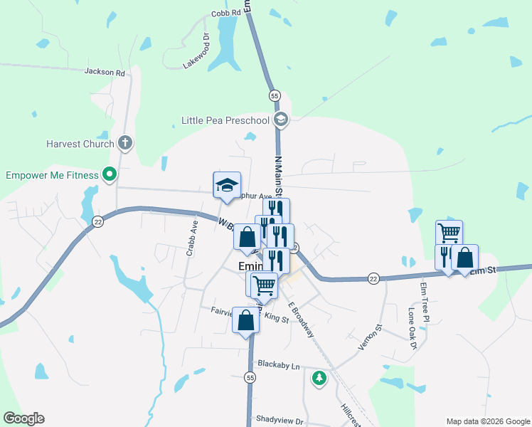 map of restaurants, bars, coffee shops, grocery stores, and more near 45-109 Sulphur Ave in Eminence